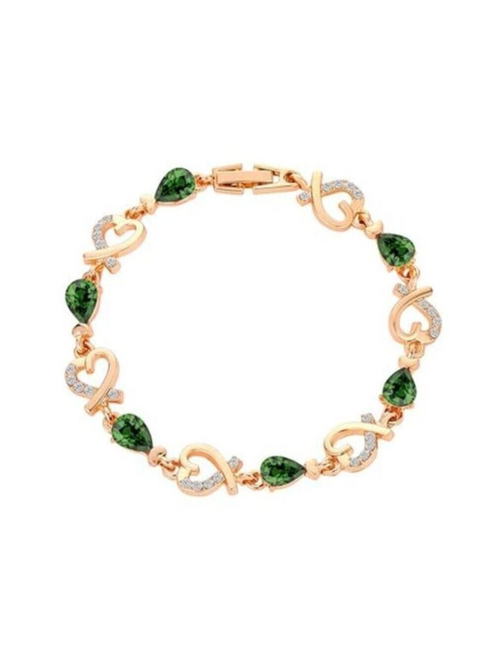 14K Gold Plated Green Heart Link Bracelet Crystal Rhinestone Minimalist Jewelry